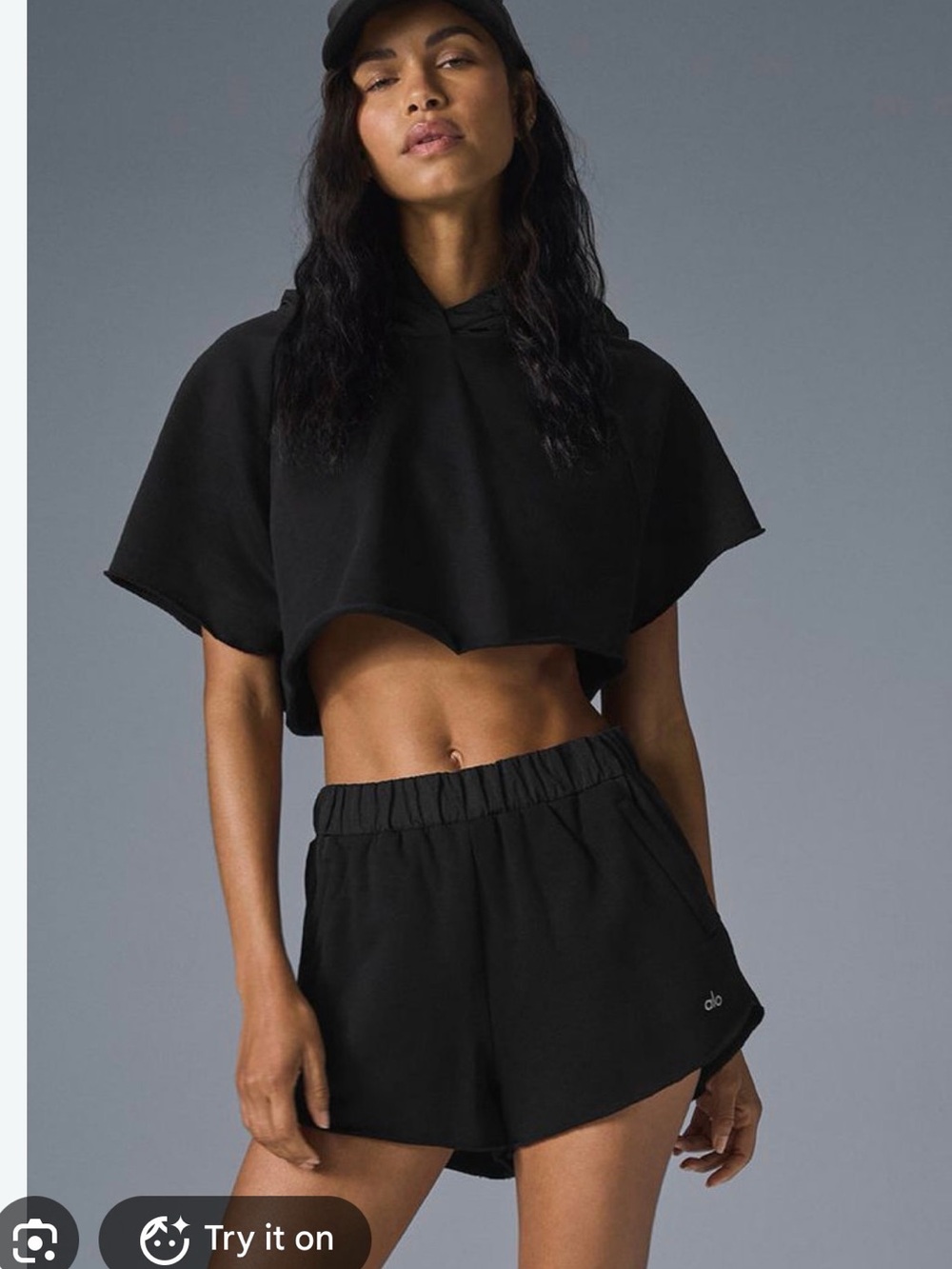 ALO Yoga Black Cropped Hooded Short Sleeve Top